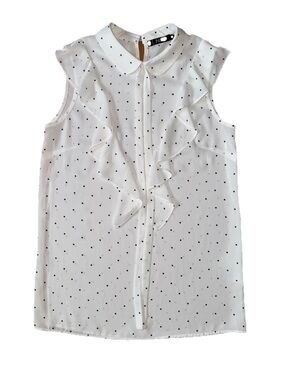 Women Sz US XS EU 40 White Black Polka Dot Blouse With Tie Neck Sleeveless